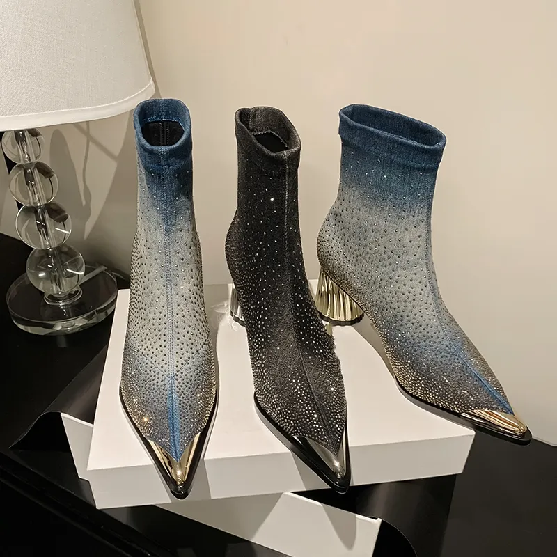USS Shoes Showly Women's Luxury Rhinestones Pointy Toe Boots